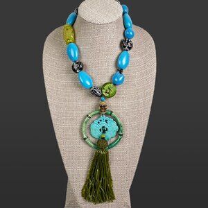 Carved Jade, Turquoise, Mirano Glass Long Necklace with Glass Bugle Bead Tassel